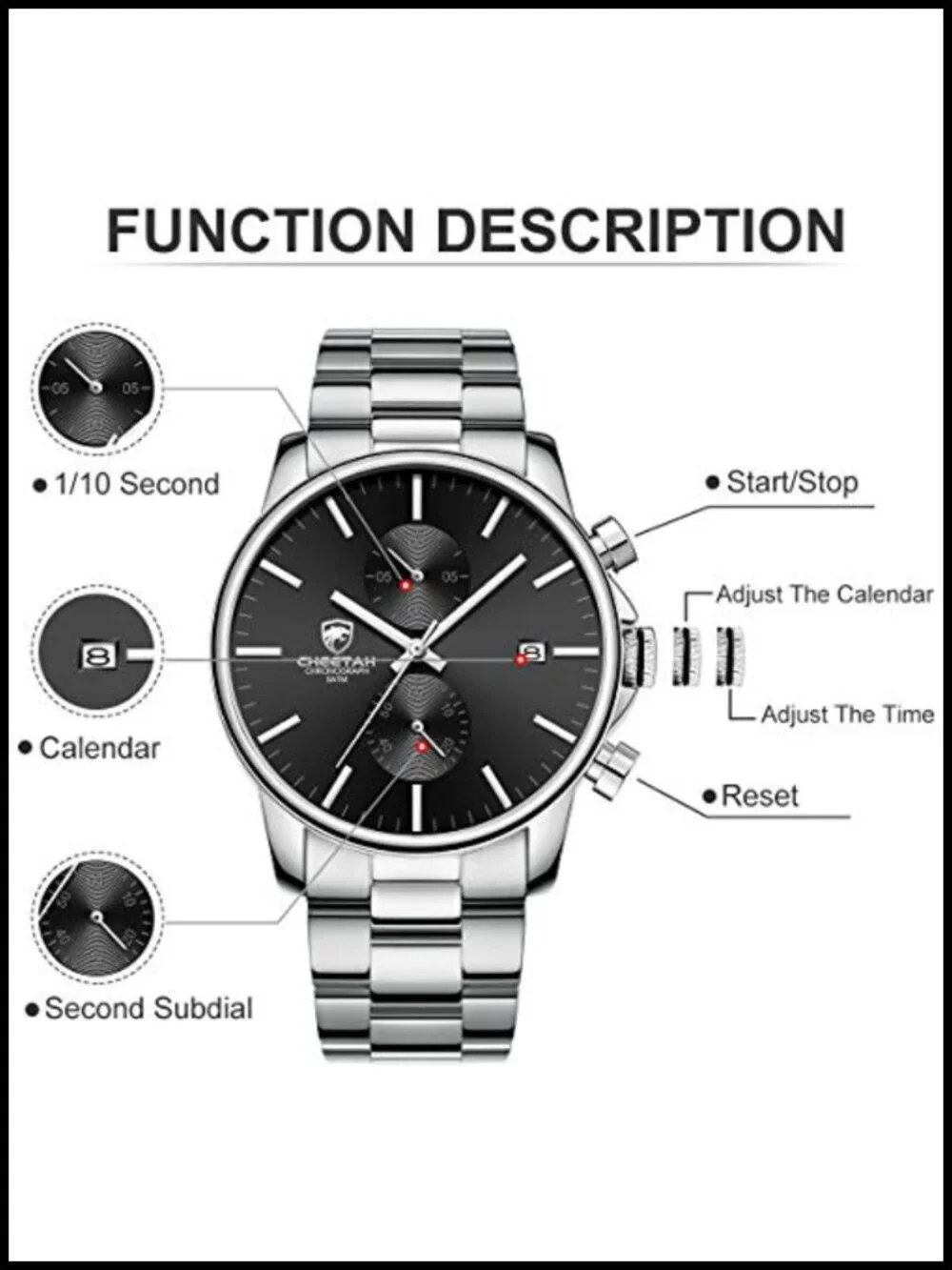 Men's Quartz Chronograph Watch Stainless Steel Waterproof 30m Auto Date